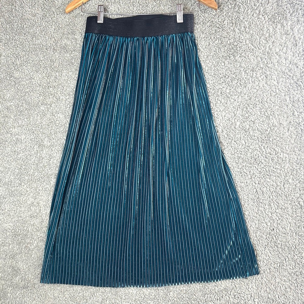 Teal Green Velvet Pleated Midi Skirt M Accordion Shimmer Waistband Whimsigoth